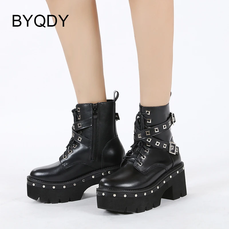 

BYQDY Black Platform Boots Chunky Heel Women Goth Style Rivets Buckle Strap Ankle Boots Round Toe High Heel Shoes Female