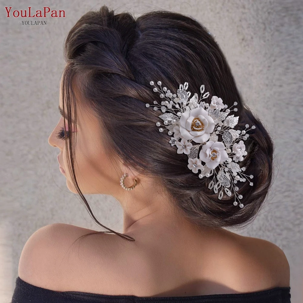 TOPQUEEN Floral Wedding Hair Piece Side Comb Bridal Comb with Flowers Bridemaids Head Pieces Pearl Wedding Hair Clips HP320