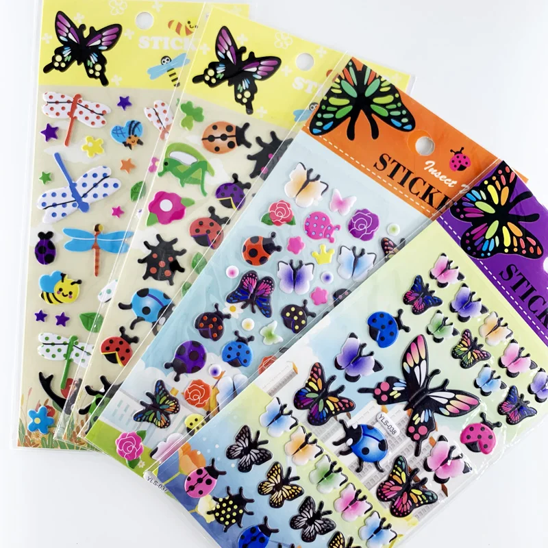 4 Sheets/Set Cartoon Insect Butterfly Ladybug 3D Bubble PVC Stickers for Children DIY Scrapbook Sticker Toys Laptop Decoration