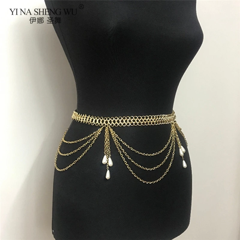 Neue Bauchtanz Übertreibung Legierung Kette Frauen Persönlichkeit Multilayer Taille Chian Perle Quaste Temperament Gürtel Mode Schmuck