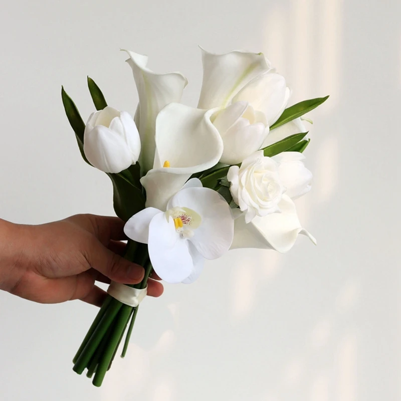 2021 Vintage White Calla Lily Tulip Phalaenopsis Elegant bunch of flowers Wedding Decoration Bouquet Fleur Artificielle Mariage