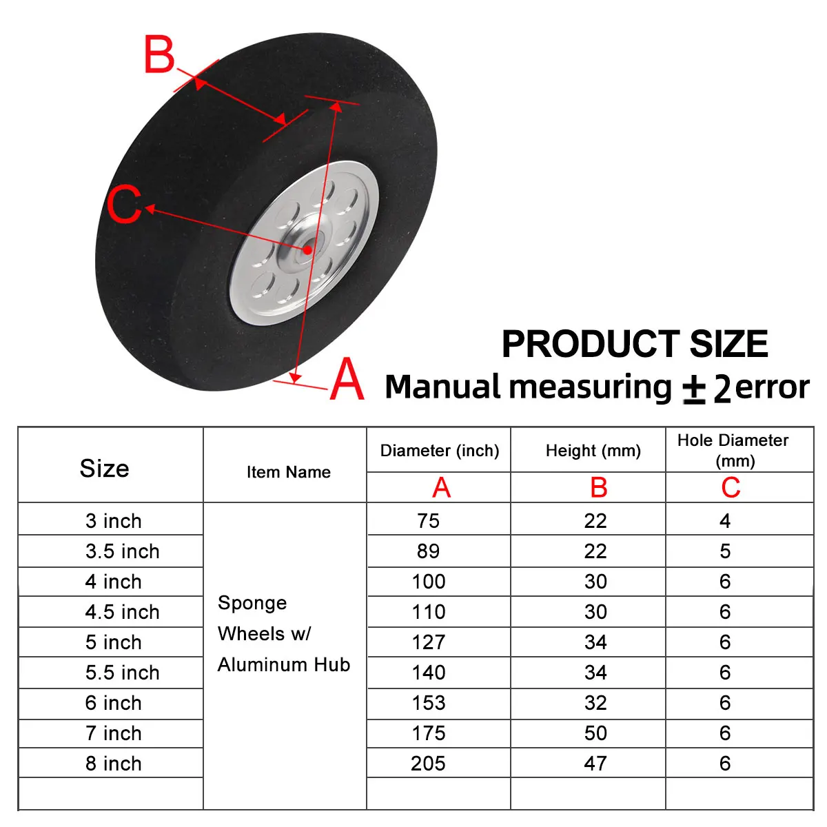 1 Pair  3/3.5/4/4.5/5/6/7/8 inch Sponge Wheel with Dia-Casting Aluminum Hub for RC Airplane Parts