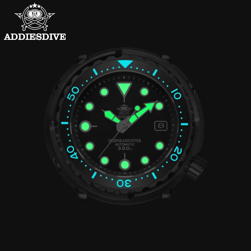 Reloj ADDIESDIVE con caja de atún negro para hombre, cristal de zafiro, bisel cerámico, resistente al agua hasta 300m, Esfera luminosa NH35, relojes