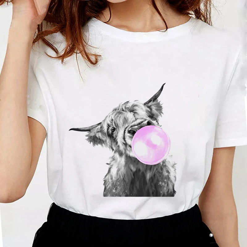 Harajuku Summer Female T-shirt Bubble Gum French Bulldog Print Aesthetic Clothes Graphic tee tshirt Femme