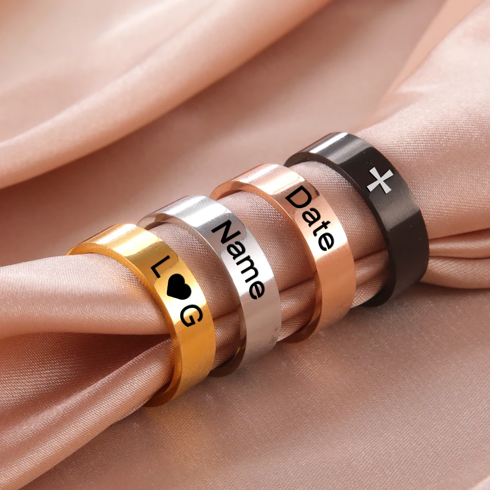 6/8mm Custom Name Rings Simple Personalized Stainless Steel Jewelry for Men Women Personalize Engraved Name Text Black Ring Gift