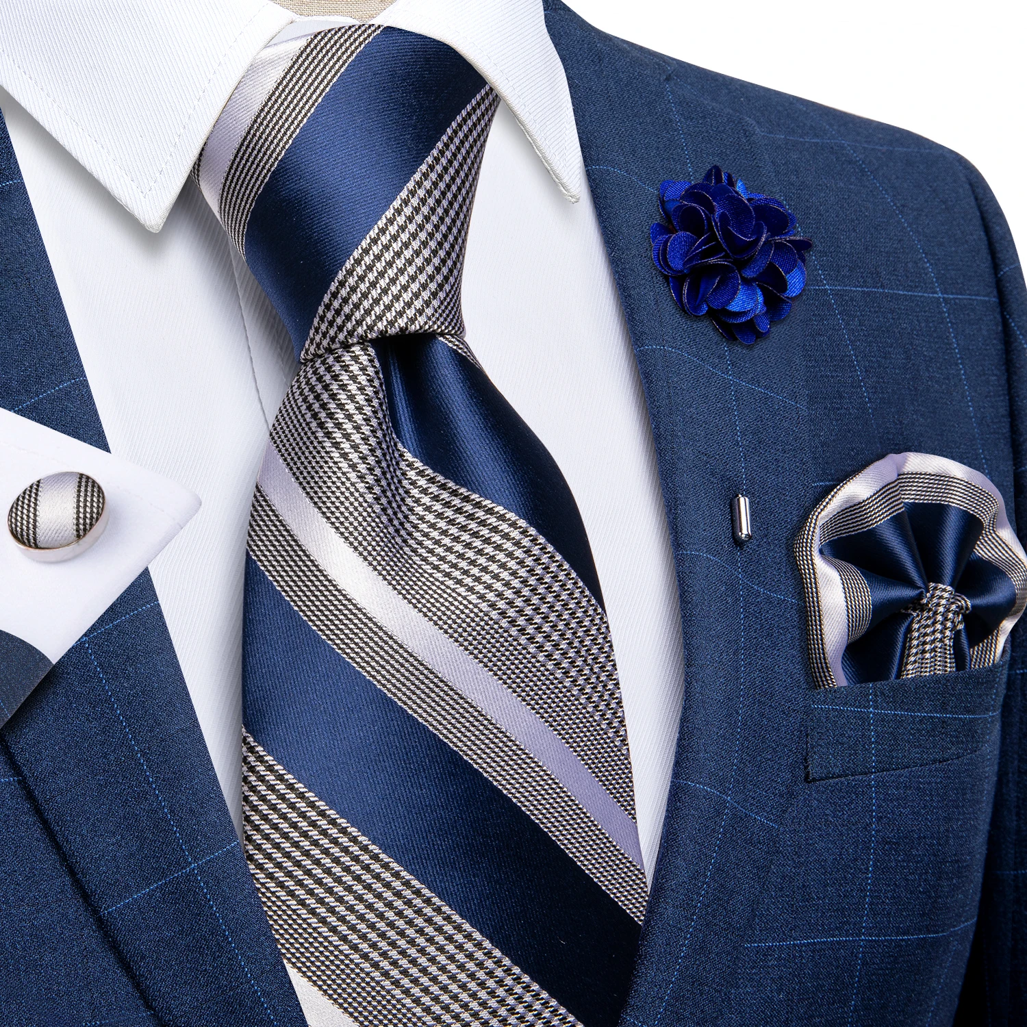 Blaue silberne Paisley-Krawatten für Herren, luxuriöses 8 cm breites Set mit Krawatte, Einstecktuch, Manschettenknöpfen, Brosche, Weihnachtsgeschenke für Männer – Detail 14