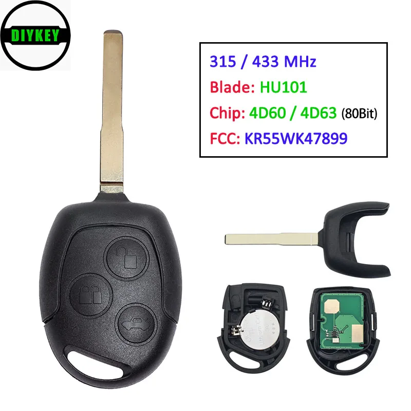 

DIYKEY FCC: KR55WK47899 Remote Car Key Fob 315 / 433MHz 4D60/4D63 Chip (80 Bit) Uncut HU101 Blade for Ford Fiesta 2011-2018