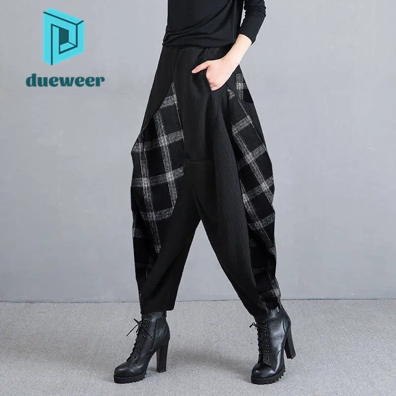 

DUEWEER Women Bloomers Casual Harem Pants Fall Winter Large Size Plaid Trousers Wide Leg Vintage Korean Fashion Streetwear