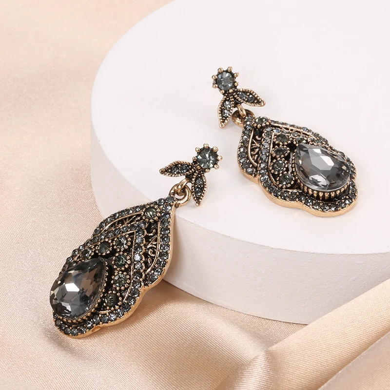 Wbmqda Vintage Crystal Flower Drop Earring For Women Ethnic Bride Jewelry Antique Gold Color Dangle Earring Arabesque Bijoux