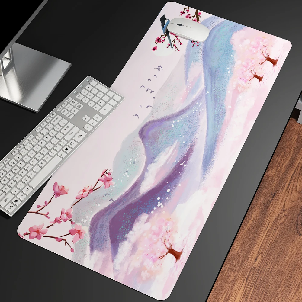 Tapis de souris de jeu grand XXL Lotus étang printemps imprimé Anime souris tapis avec doux caoutchouc naturel bord verrouillé pour les joueurs tapis de bureau