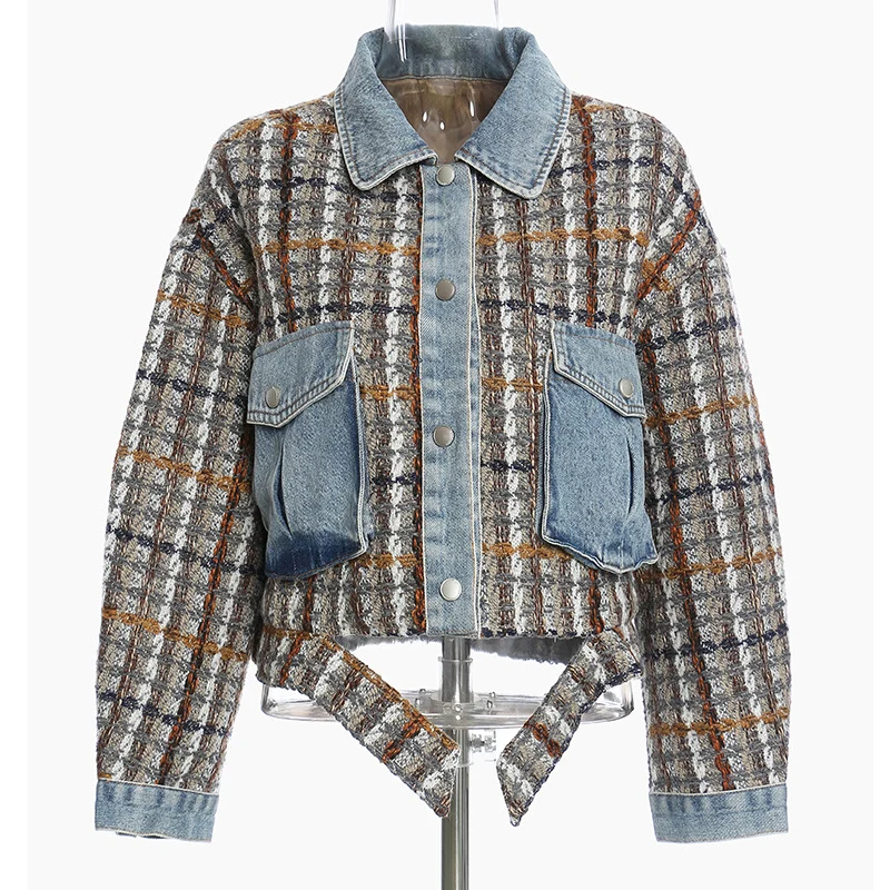 

Short Tweed Jacket Denim Jeans Women Clothing Elegant Crop Coat Female Korean Patchwork Outerwear Autumn Winter Design Overcoat