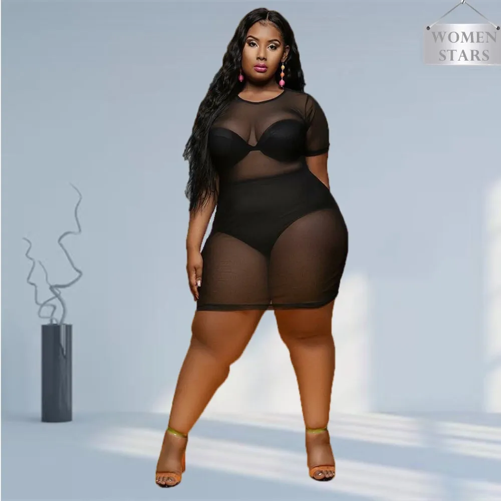 New Plus Size Clothing L-5XL Sexy Dresses for Women 2021 Wholesale Mesh See Through Maxi Dress Club Outfits Summer  Dropshipping