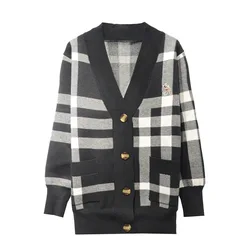 2020 New Style for Autumn and Winter Classic Plaid Dark Gray Color Deer Embroidered Wool Knitted Cardigan Women's Jacket