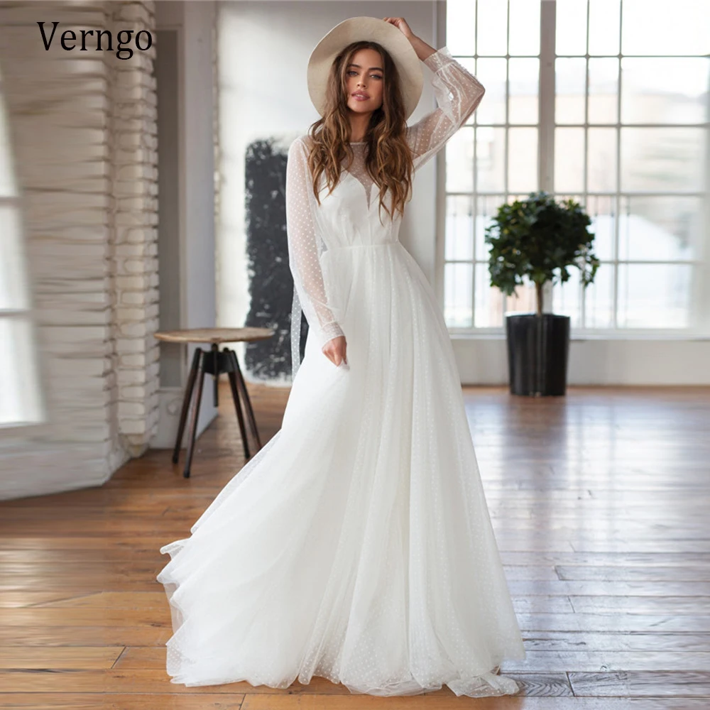 

Verngo Fairy Dotted Tulle Long Sleeves Wedding Dress 2021 Vintage Bateau Neck A Line Floor Length Simple Bridal Dresses