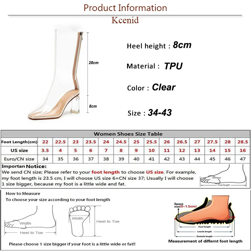 Kcenid Ins Hot Design New Women  Ankle Boots High Quality PVC Shoes Square Toe Crystal Heel Transparent Women Boots High Heels