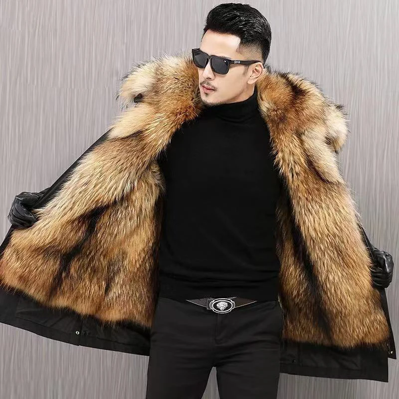 HANZANGL Fur Coat Men\'s plus size 2022 Winter Thick Parkas Hooded Jackets Liner Detachable Men Overcoat