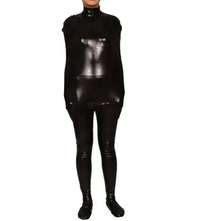 Vrouwen Sexy Zwart Glanzend Metallic Spandex Zentai Catsuits Volwassen Cosplay Split Been Mummie Fancy Dress Zonder Kap