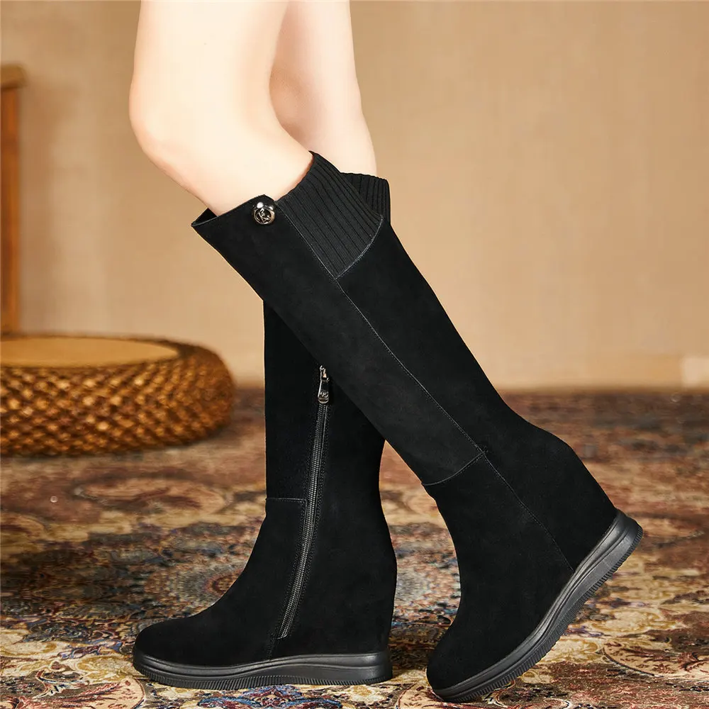 Warm Fashion Sneakers Women Genuine Leather Wedges High Heel Mid Calf Boots Female Winter Thigh High Platform Pumps Casual Shoes