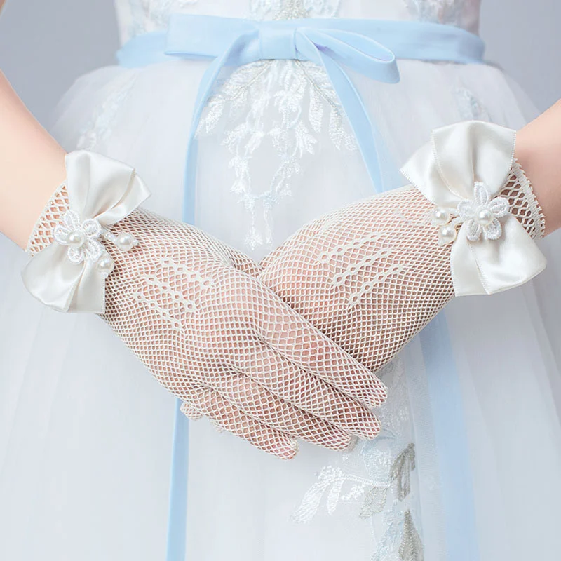 1 Pair Girls Kids White Lace Wedding Gloves Faux Pearl Bowknot Fishnet Gloves Communion Flower Girl Party Ceremony Accessories