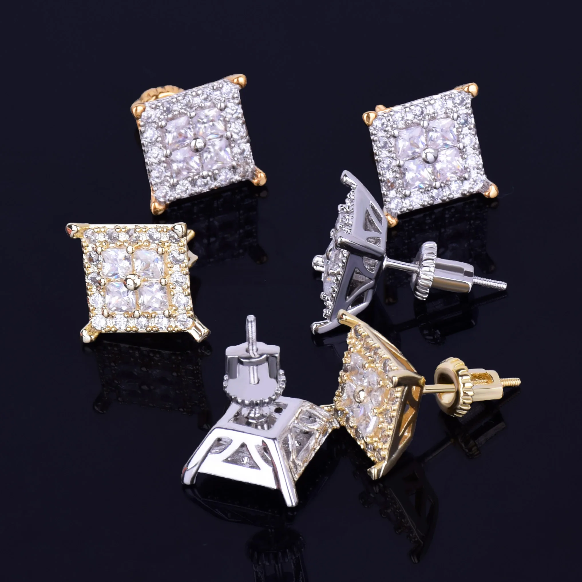 12MM Square Baguette Zircon Stud Earring Silver Color Charm Screw Back Women Men\'s Earrings Fashion Hip Hop Jewelry