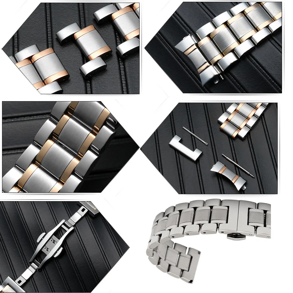 12 14 15 16 17 18mm 19 20 21 22mm 23 24mm Watchband 2-in-1 Flat Curved End Stainless Steel Metal Watch Band Wrist Strap Belt