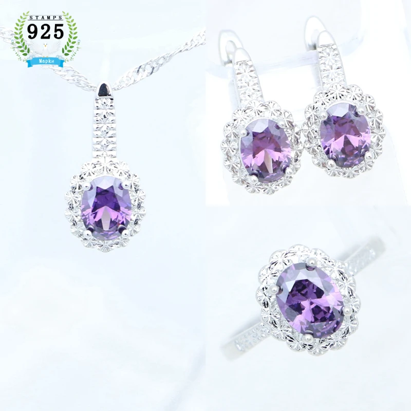 Romantic Amethyst Jewelry 925 Sterling Silver Jewelry Set Open Ring Pendant Earring Necklace Kit Wedding Accessories