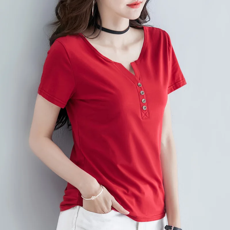 

V-Neck Button Women T Shirt Summer Tops 2021 T-Shirt Cotton Short Sleeve Korean Fashion Clothing Camiseta Mujer Vetement Femme