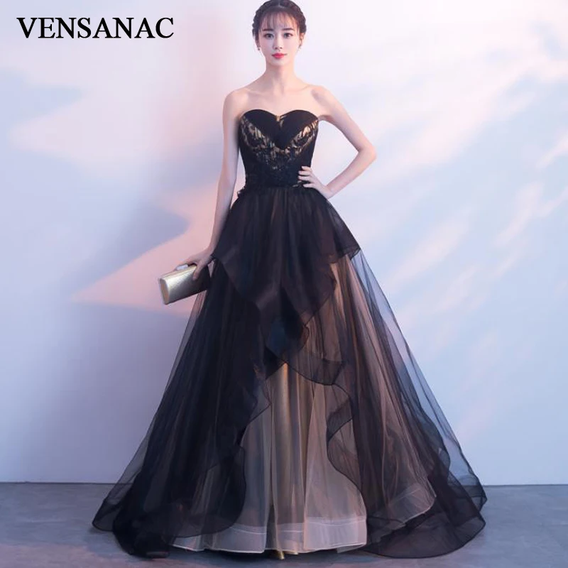 

VENSANAC Crystal Strapless Lace Appliques A Line Long Evening Dresses Party Tiered Tulle Backless Prom Gowns