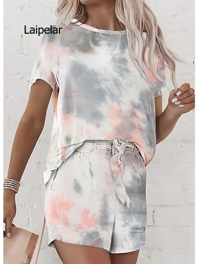 

Women's Basic Streetwear Tie Dye Casual / Daily Outdoor Two Piece Set Tracksuit T shirt Loungewear Shorts Drawstring Print Tops