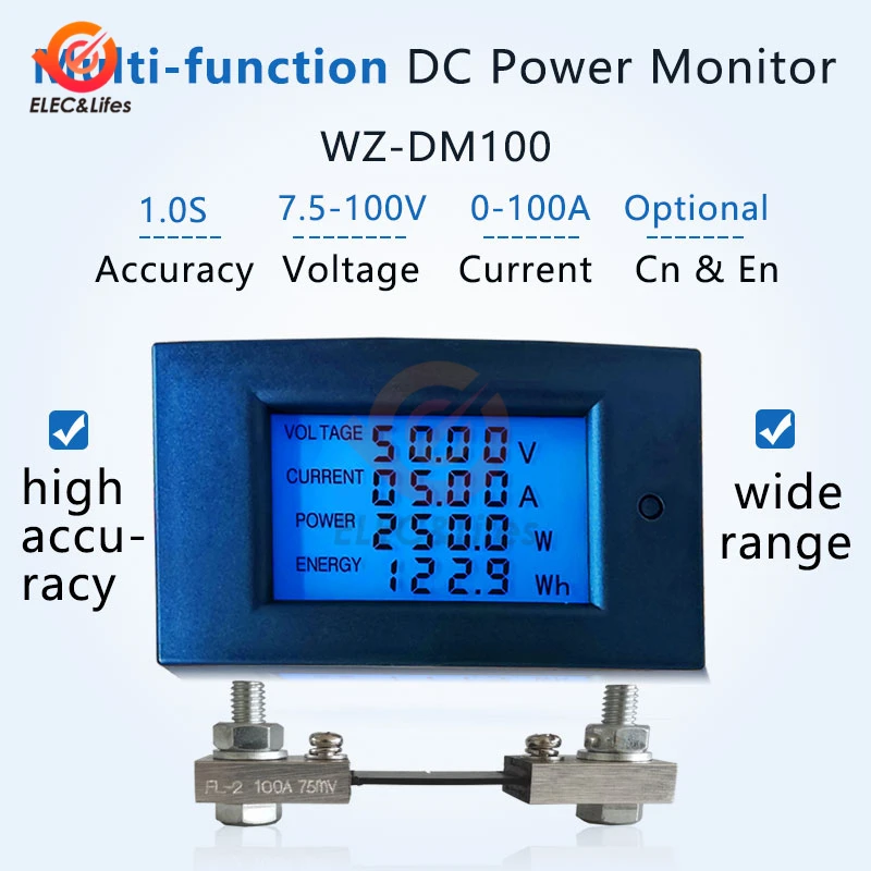 100V 20A 50A 100A Digital LCD Energy Meter Voltmeter Wattmeter Ammeter DC Power Meter Voltage current tester Analyzer Monitor