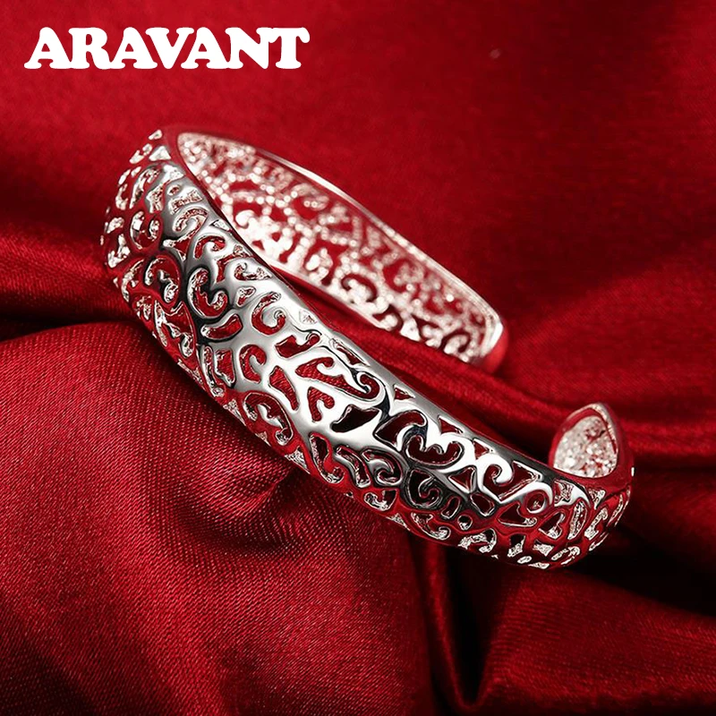 Aravant 925 Silver Hollow Open Cuff Bracelet&Bangle For Women Fashion Jewelry