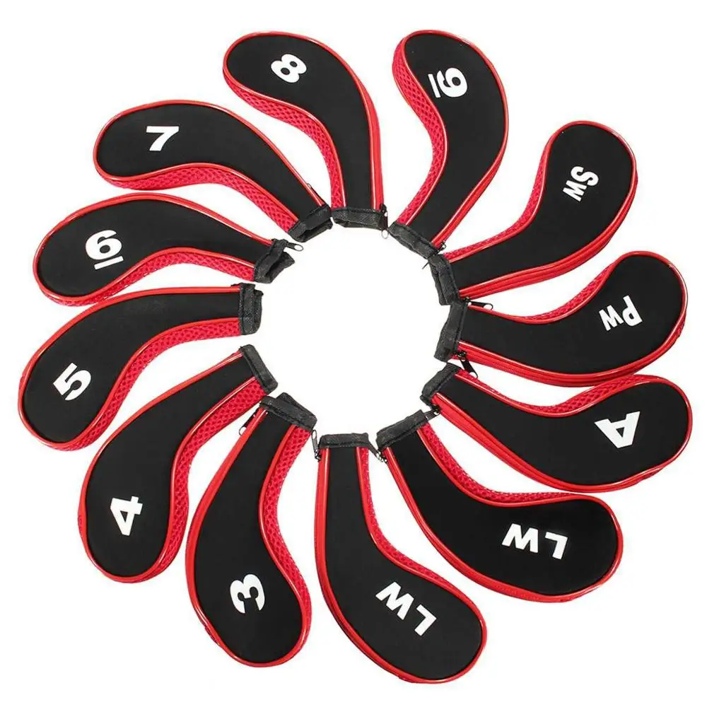 12Pcs/set Golf Clubs Iron Head Covers Headcovers with Zipper Long Neck