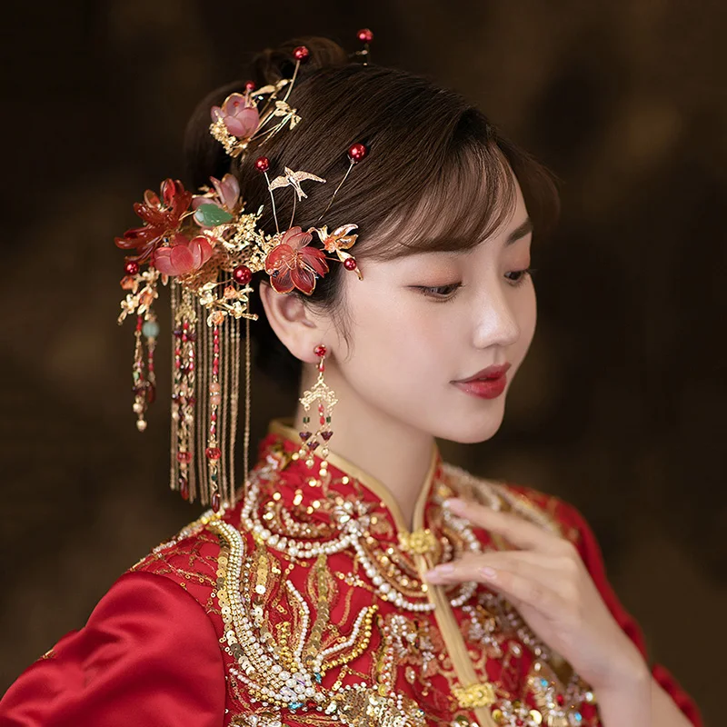 Chinese Bridal Headdress Tranditional Wedding Crown Hair Comb Hairpins Set Brides Costoume Xiuhe Hair Accessories