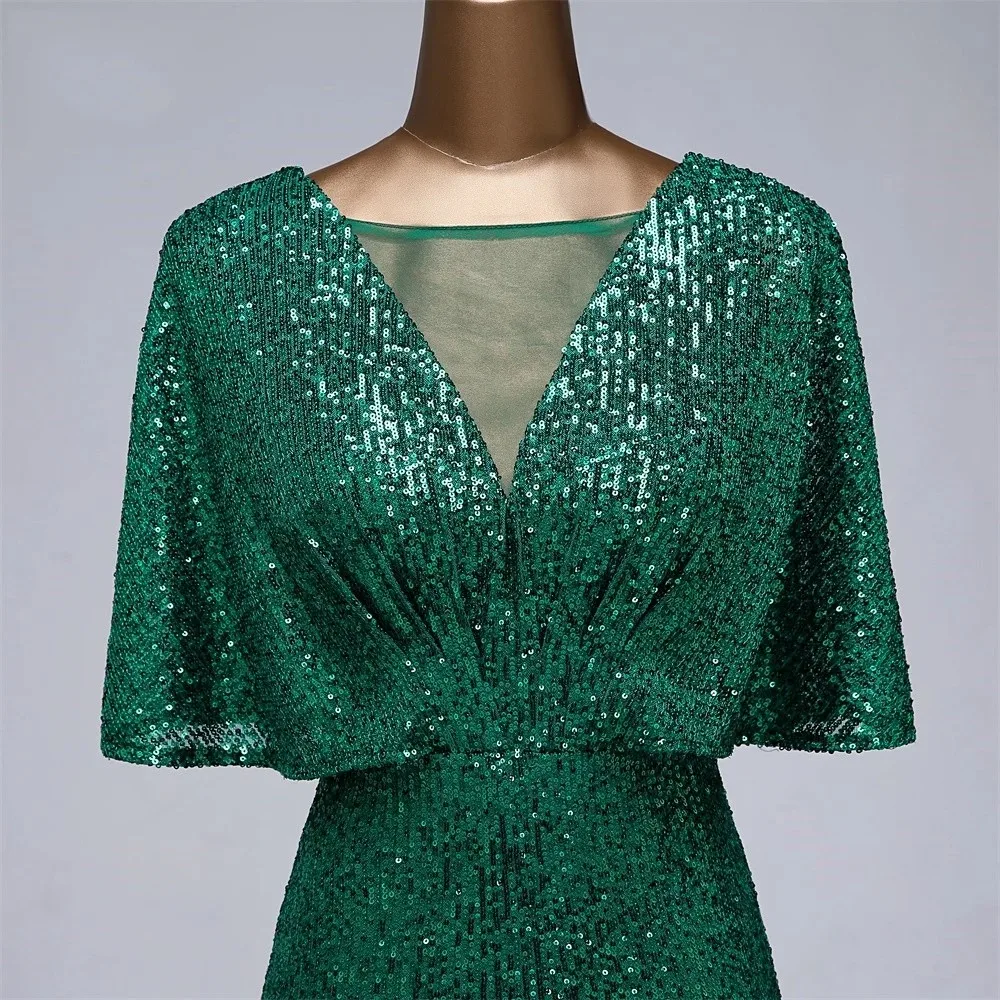 Robe de soirée sexy à paillettes pour femmes, manches courtes, robe éducative verte, robes de soirée pour femmes, robes de Rh