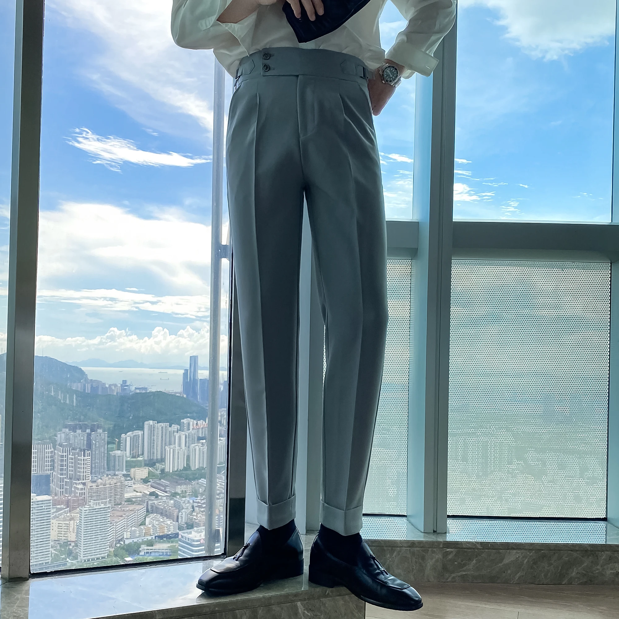 Fall Men\'s Business Dress Pants Solid Color Temperament Trousers British Casual Slim Suit Pants High Waist Wedding Streetwear