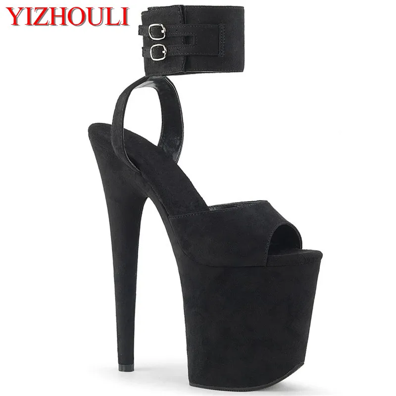 

20cm stilettos, 8in heels, pole dancing by sexy nightclub models, buckled party stage sandals