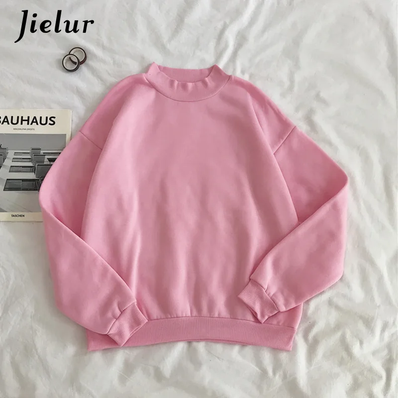 Jielur New 9 Colors Pink Green O-neck Hoodies Women Winter Autumn Pullover Sweatshirt Female Pure Color Loose Tracksuit M-XXL