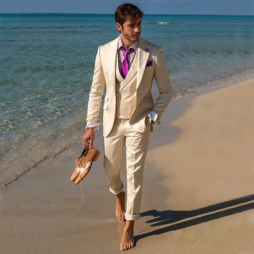 

Champagne Men's Suit Peaked Lapel Blazers White Male Tuxedos For Beach Wedding Groom Wear 3 Pieces Prom Jacket Vest And Pants