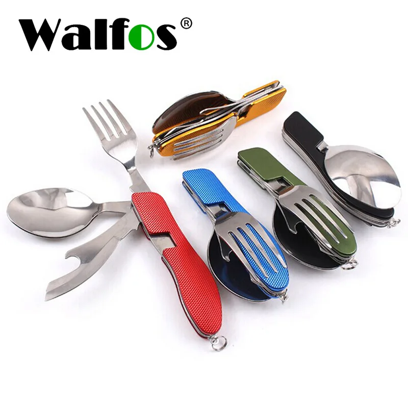 

WALFOS Multifunction Outdoor Camping Picnic Tableware Stainless Steel Cutlery 4 in 1 Folding Fork Knife&Bottle Opener Dinnerware