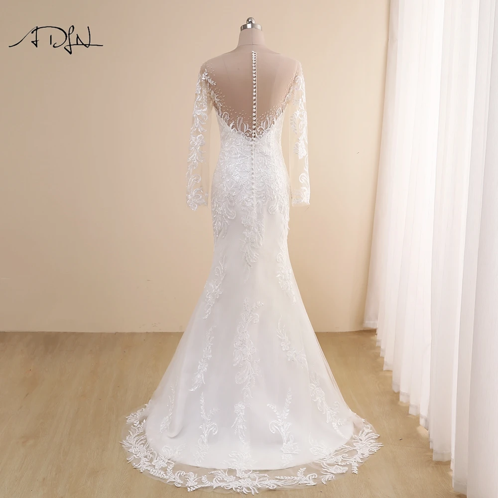 ADLN – robe de mariée sirène en dentelle, col transparent, manches longues, dos transparent, personnalisée, 2021