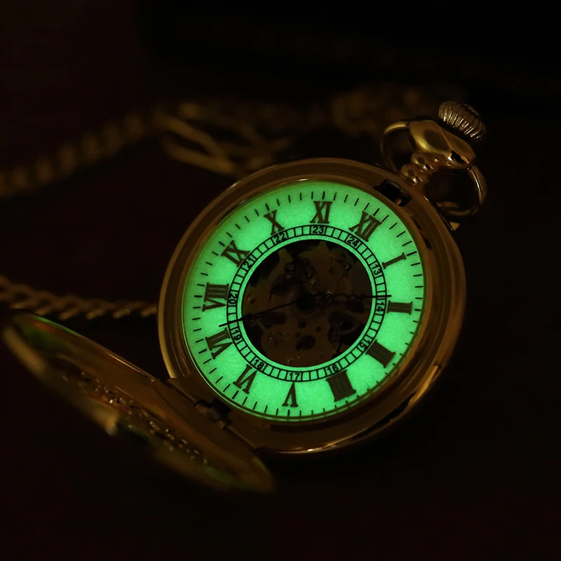 Reloj de bolsillo mecánico luminoso con luz LED para hombre y mujer, pulsera con cadena y esfera de medallón, esqueleto Steampunk hueco