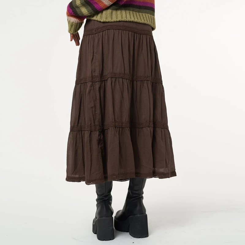 Fairy Grunge Kawaii Women Korean Harajuku Retro Mall Goth Clothes High-Waisted Vintage Brown Long Pleated Skirt Midi Skirt