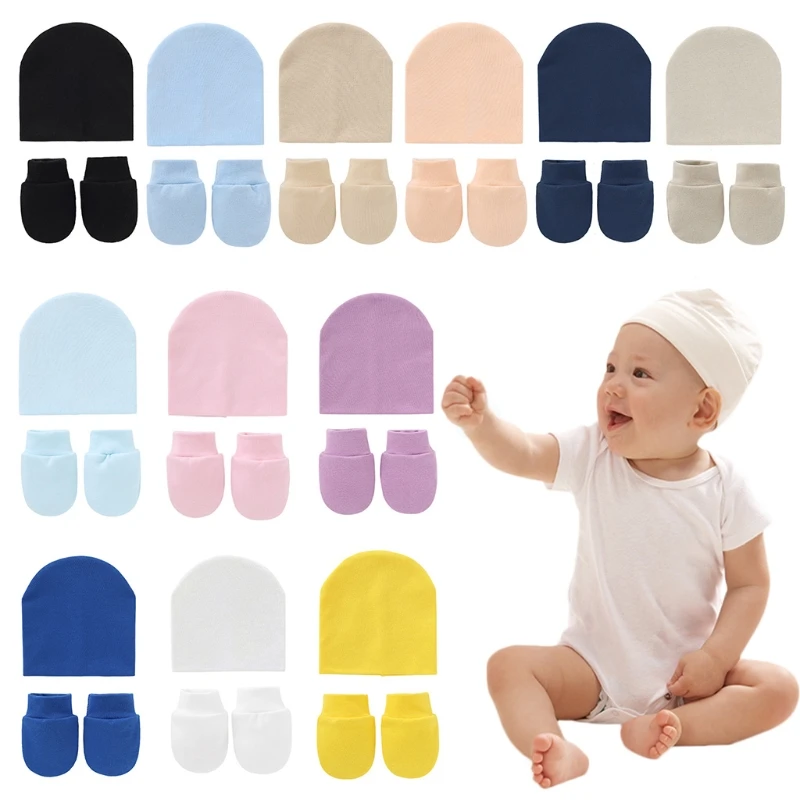 Baby Newborn Face Protection Scratch Mittens Warm Cap Kit Infants Anti Scratching Knitted Cotton Gloves+Hat Set