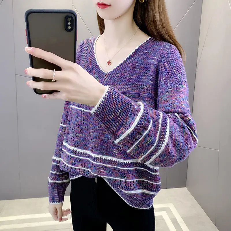 Harajuku Fall 2020 New Women's Hoodie Casual Patchwork Hollow Sweater Long Sleeve V-neck Knitted Sweater Pullover Women