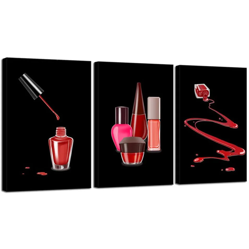

3 Pieces Red Beauty Nail Polish Makeup Glam Woman Salon HD Poster Pictures Canvas Wall Art Home Decor Paintings Room Decoration
