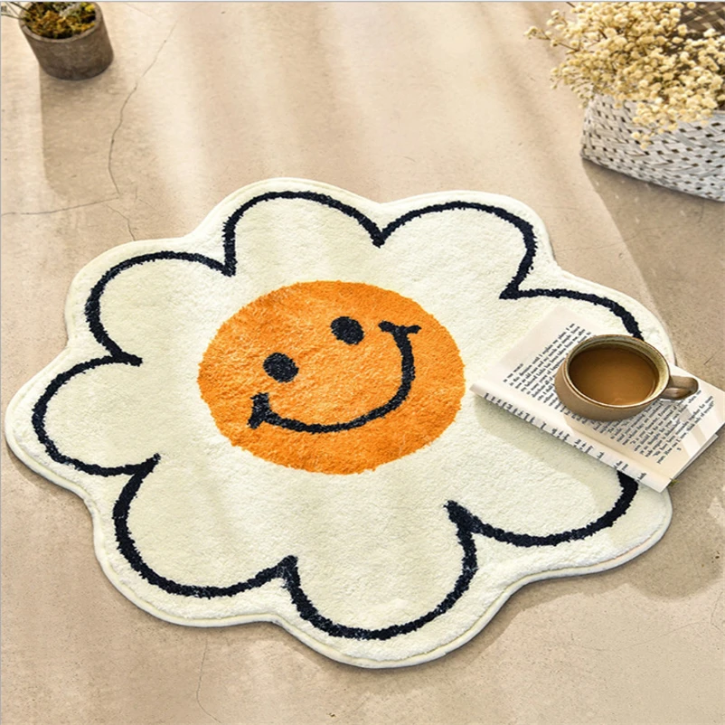 Egg Flower Smile Non-Slip Flower Floor Rug Round Shape Entrance Doormat Carpet Absorbent Bathmat For Bed Room Bedside Mats Rug