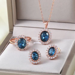 S110 Rose Gold Color Blue Austrian Crystal Jewelry Set With 3 Pcs For Women Party Work Gift