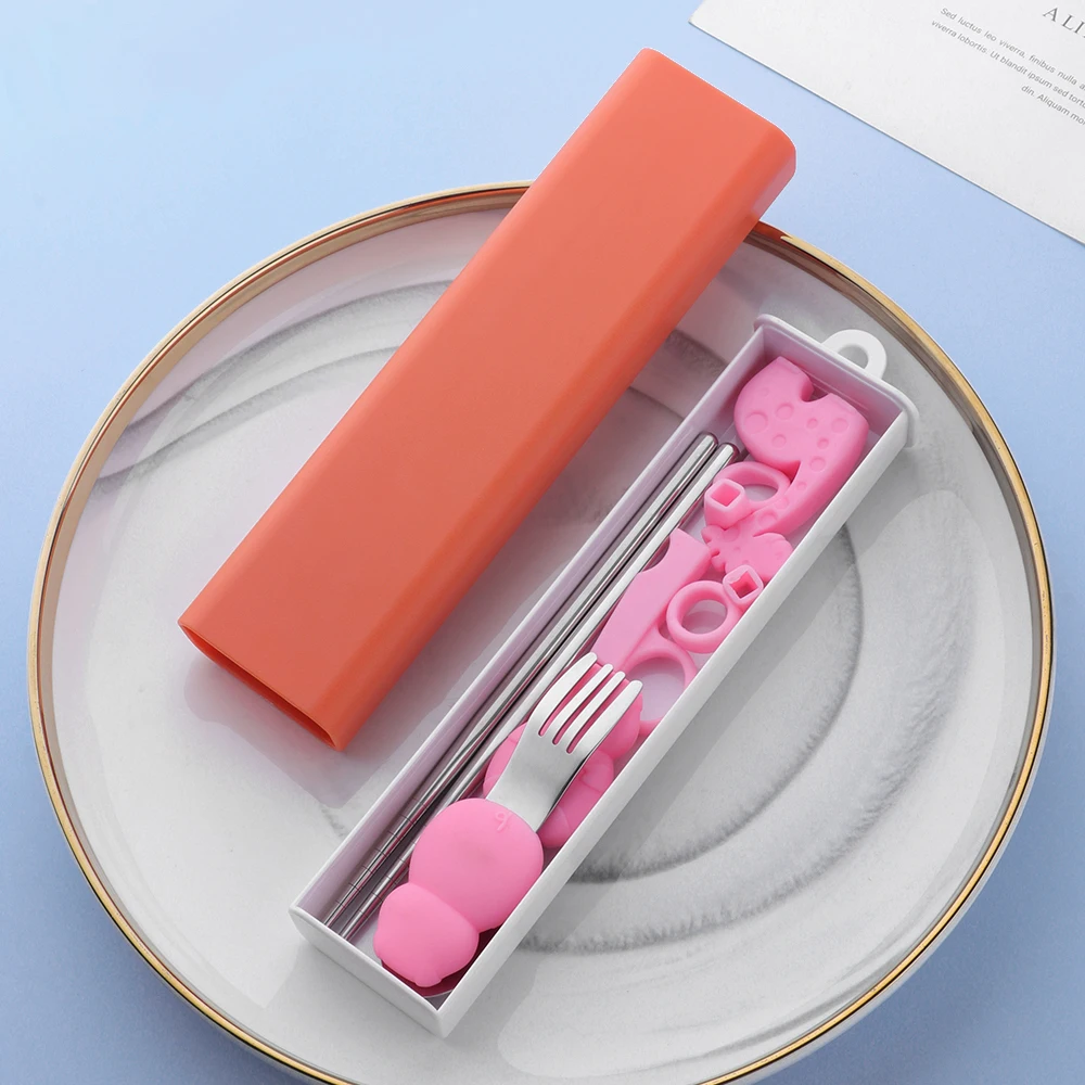 Cute Portable Kids Learning Training Chopsticks Reusable Stainless Steel Chopsticks With Box For Child Enlightenment Tableware