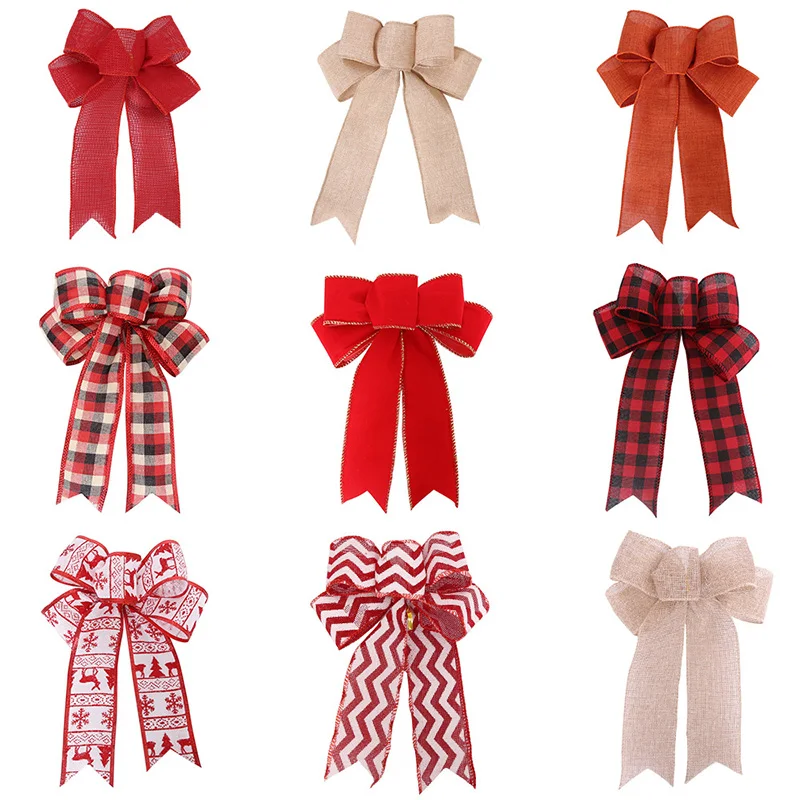 24*19cm 5ears DIY Bow Bowknot Crafts Linen Ribbon Bow Christmas Decoration Christmas Tree Decor Lattice Stripe Bow