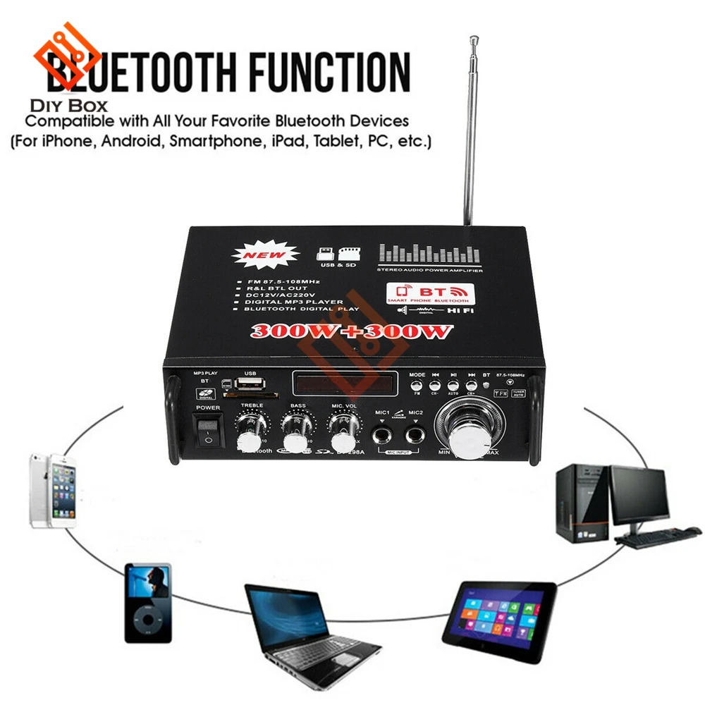 600W Bluetooth Verstärker für lautsprecher 300W + 300W 2CH HIFI Audio Stereo Power AMP USB FM Radio auto Heimkino Fernbedienung